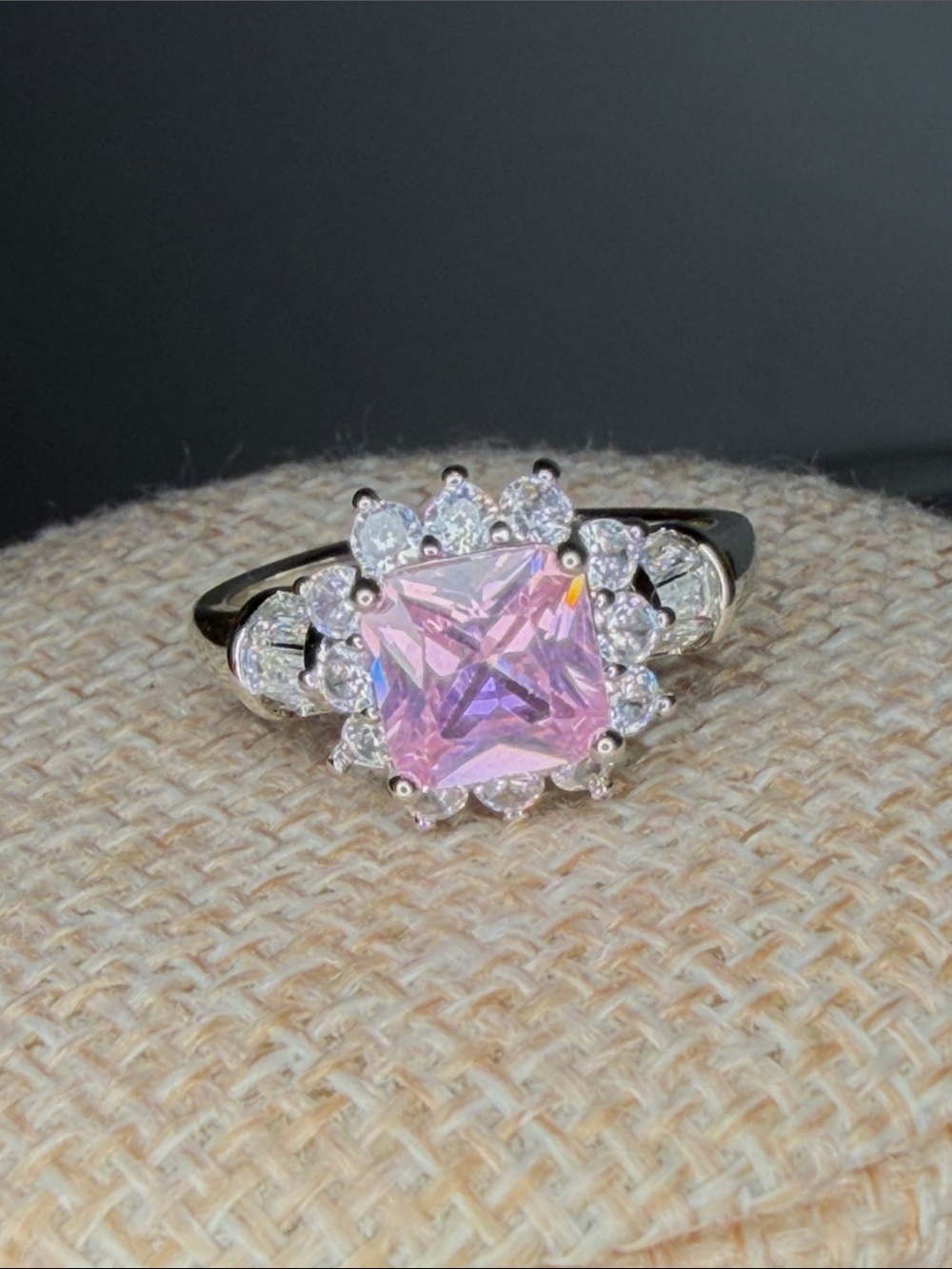 Silvertone Pink Princess-Cut Halo Ring Sz 7